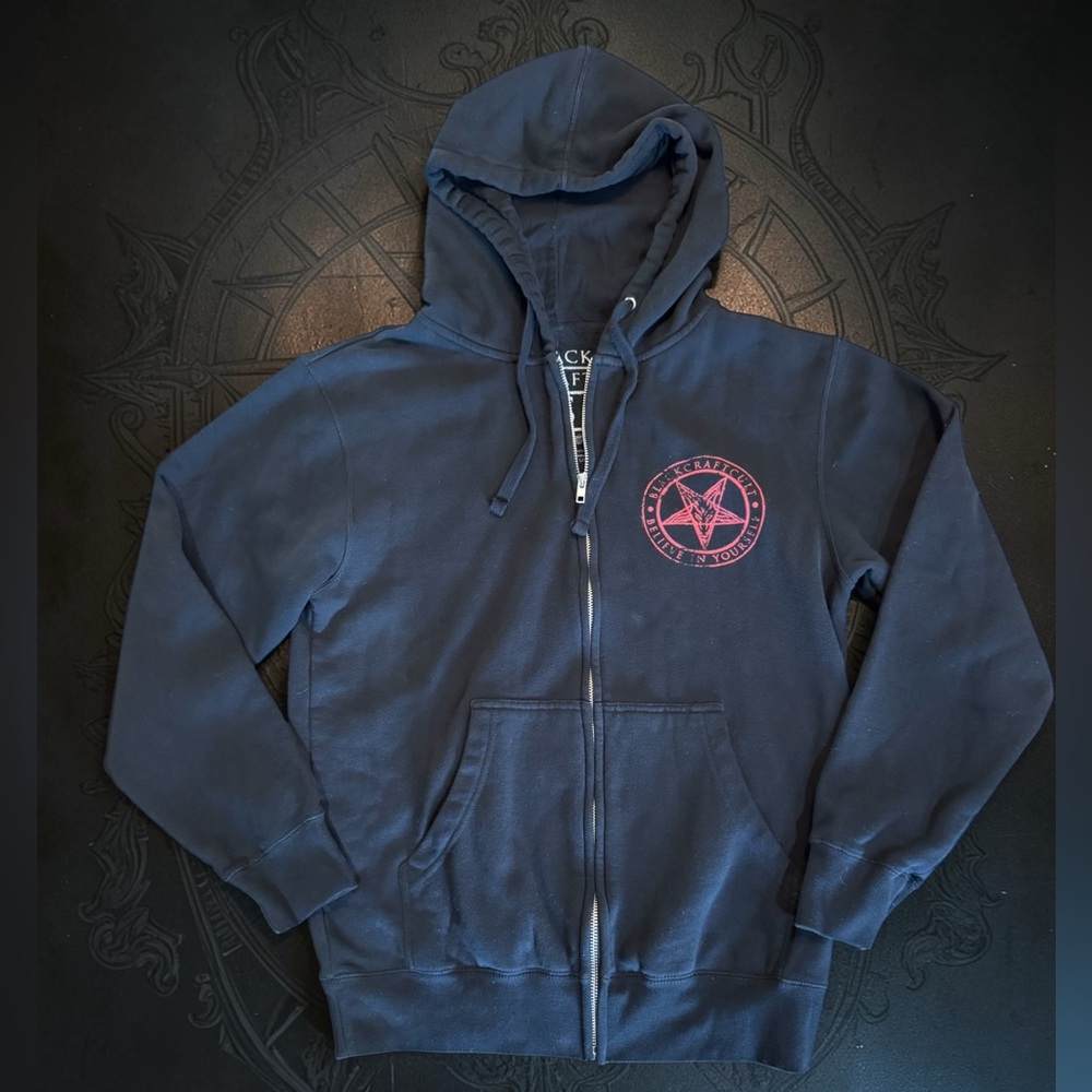 BlackCraft Black Faithless Full Zip Hoodie Featuring A Crowned Skeleton Reaper - Picture 4 of 8
